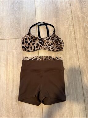 Five Dancewear Leopard Print Sports Bra & Brown Shorts Set